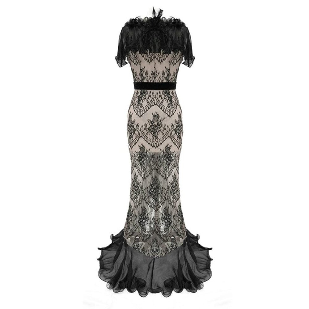 Women's Gothic Turn-down Collar Sheer Floral Lace Dovetail Dress - Picture 5 of 6